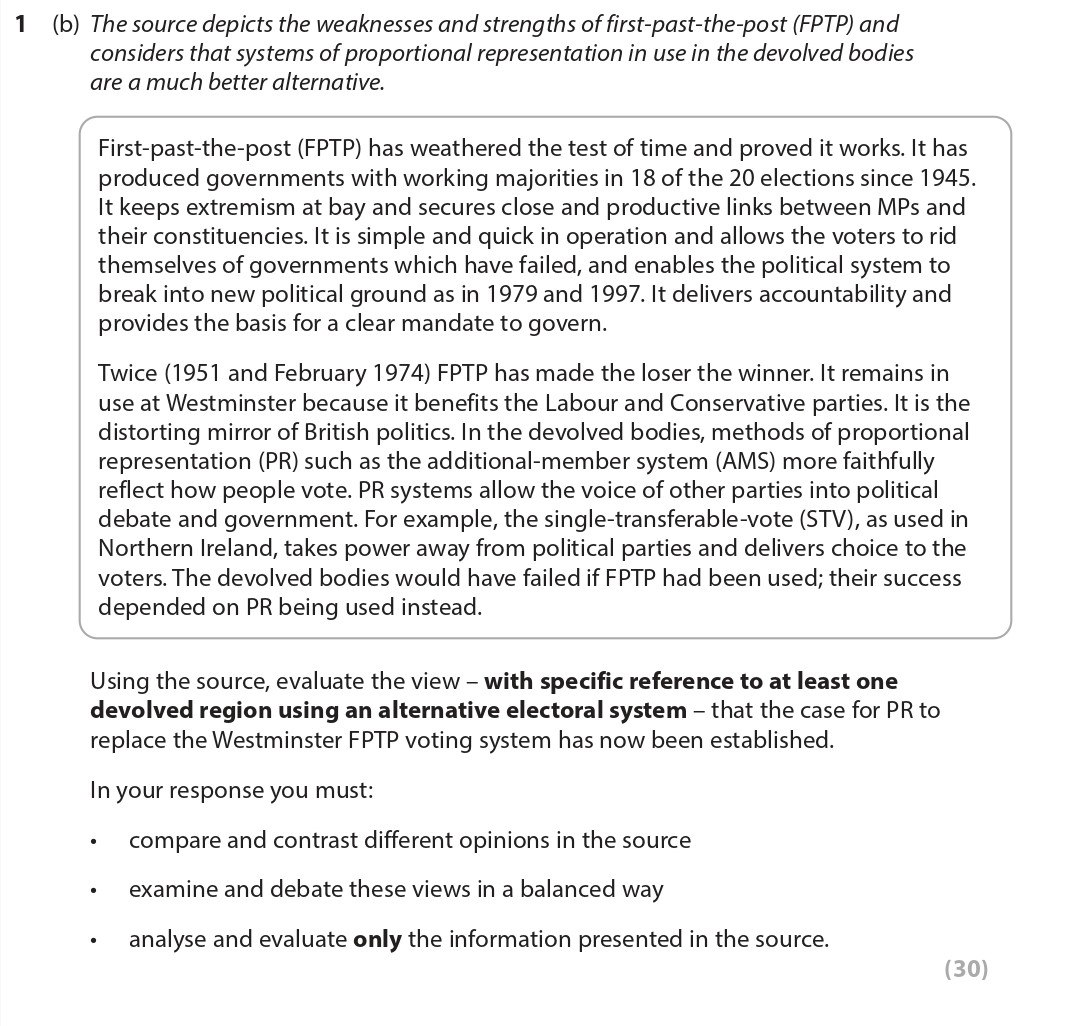 Using-the-source,-evaluate-the-view-–-with-specific-reference-to-at-least-one-devolved-region-using-an-alternative-electoral-system-–-that-the-case-for-PR-to-replace-the-Westminster-FPTP-voting-system-has-now-been-established-Edexcel-A-Level Politics-Question 1-2022-Paper 1.png